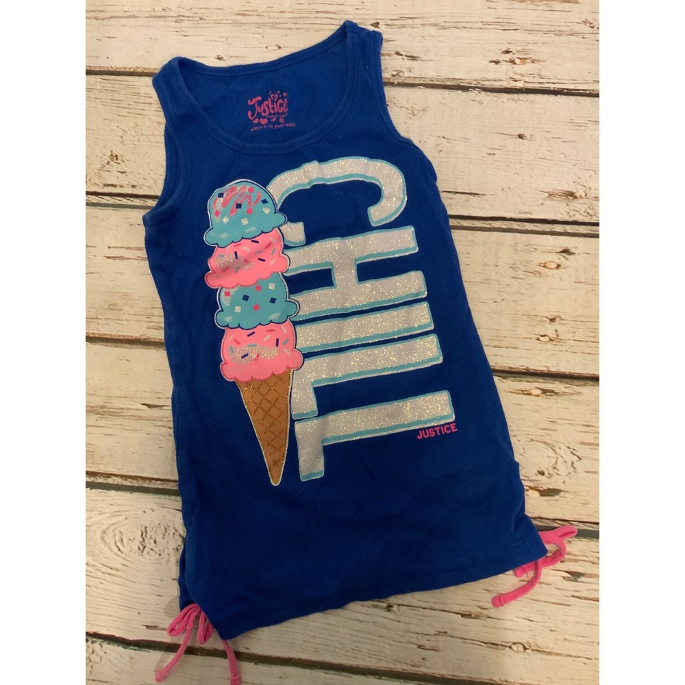 Justice Girls Size 8 Blue Chill Ice Cream Glitter Ribbed Tank Top Cinched Sides